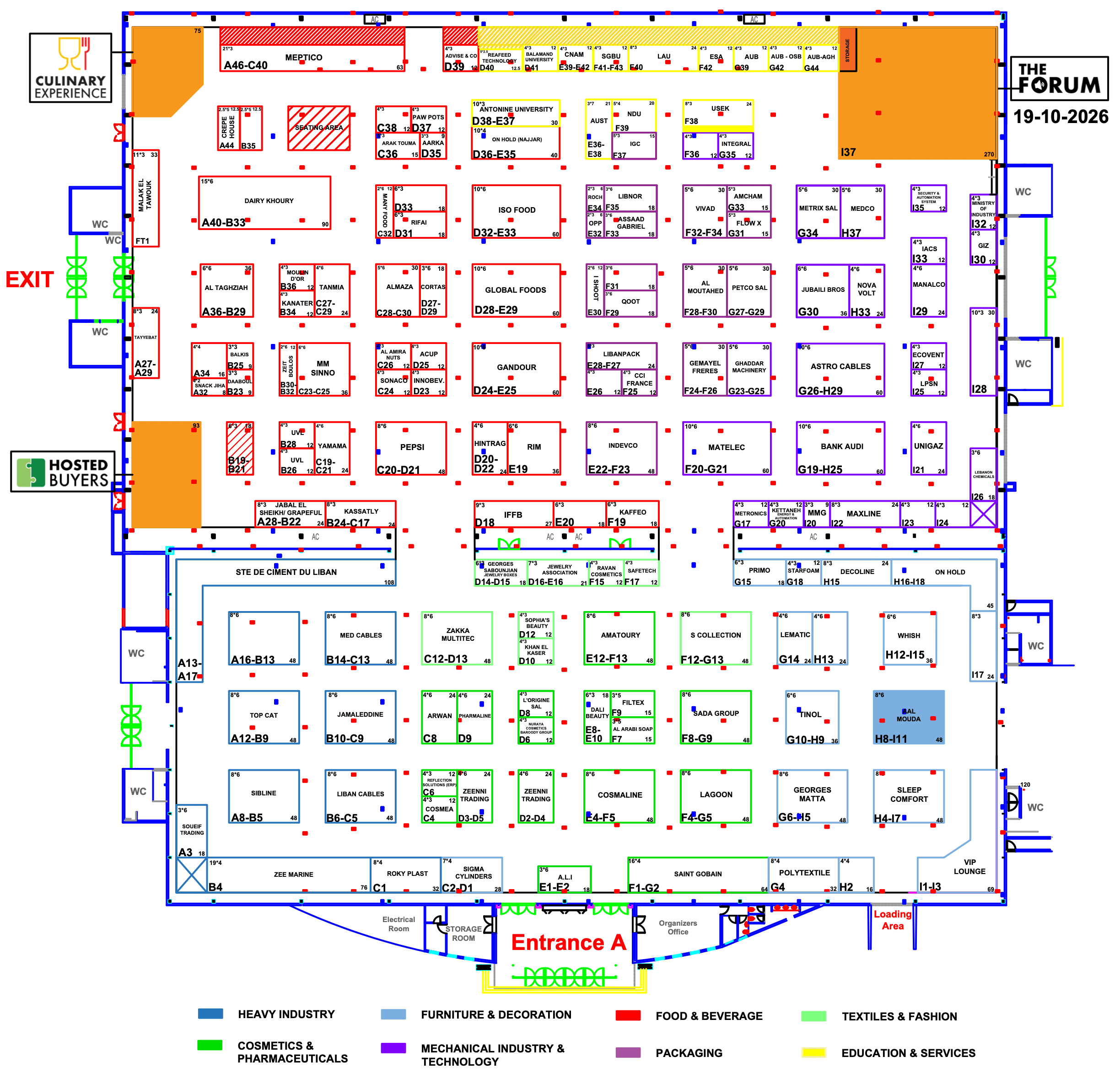 Floor plan of the Lebanese Industry Expo at Seaside Arena, with stands colored by sector